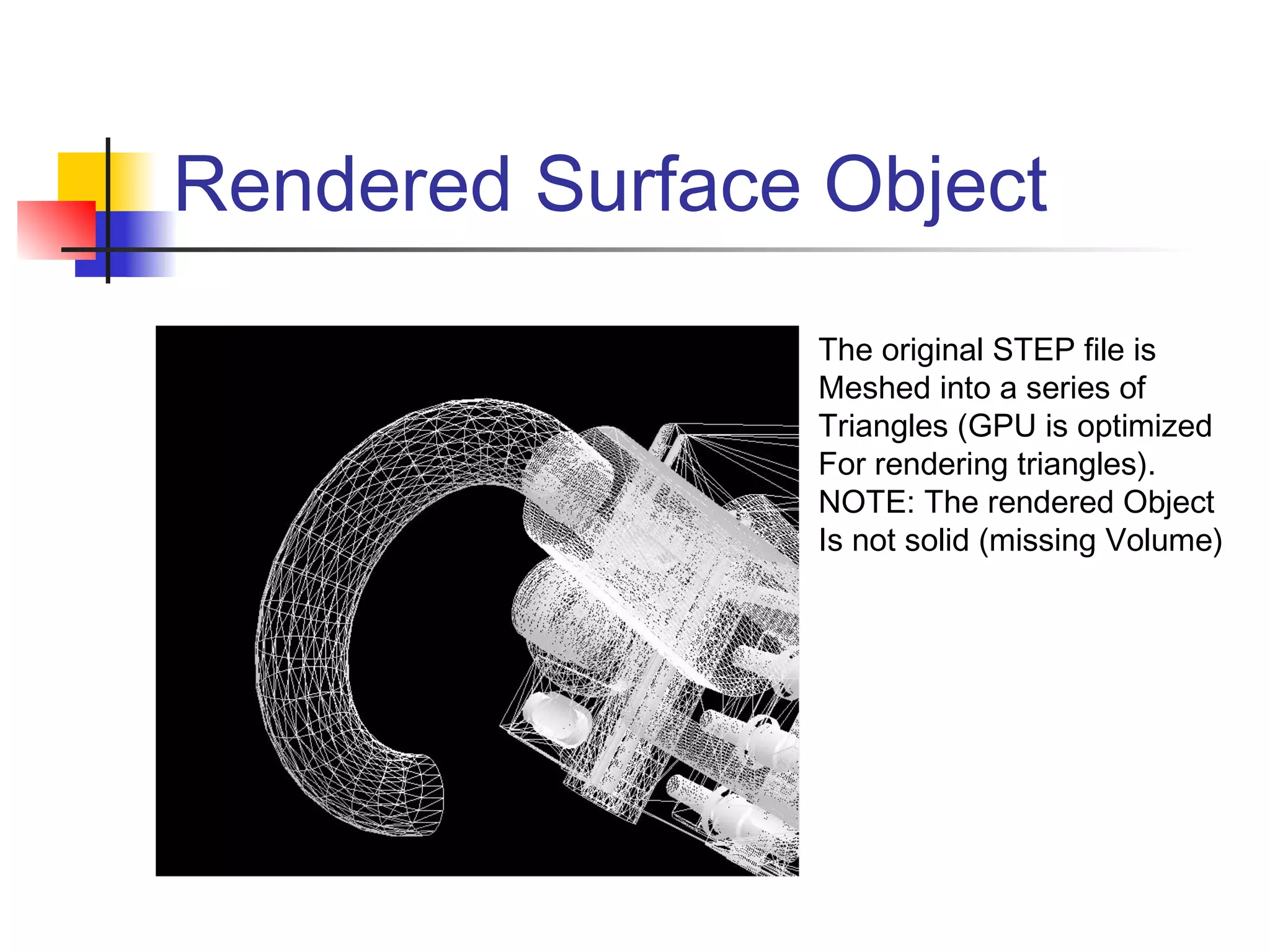 Rendered Surface Object
The original STEP file is
Meshed into a series of
Triangles (GPU is optimized
For rendering triangles).
NOTE: The rendered Object
Is not solid (missing Volume)
 