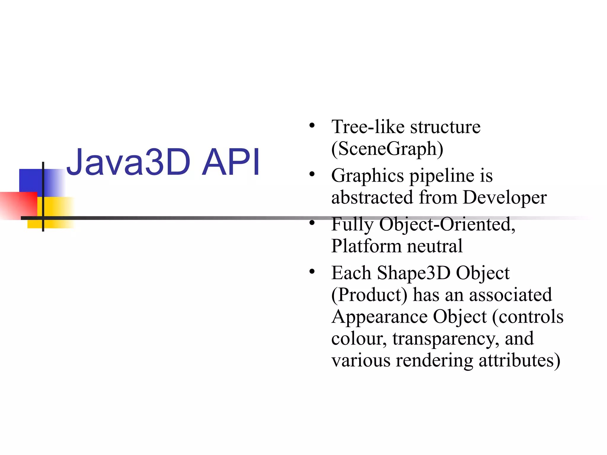 Java3D API
• Tree-like structure
(SceneGraph)
• Graphics pipeline is
abstracted from Developer
• Fully Object-Oriented,
Platform neutral
• Each Shape3D Object
(Product) has an associated
Appearance Object (controls
colour, transparency, and
various rendering attributes)
 