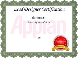 Lead Designer Certification
is hereby awarded to
for Appian
on
Rupesh Kumar
7.8
Apr 30, 2015
 