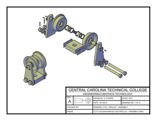DRAWN BY: K.THORPE
DATE:
SCALE: NTS
DRAWING TITLE: TROLLEY - ASSEMBLY
CCTC FILESADVANCED CADTROLLEY - ASSEMBLY.DWG
12/1/2014 DRAWING NO: 1 OF 8
SIZE:
A
CENTRAL CAROLINA TECHNICAL COLLEGE
ENGINEERING GRAPHICS TECHNOLOGY
CHECKED BY:
GRADE:
 