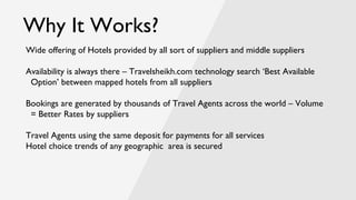 Why It Works?
Wide offering of Hotels provided by all sort of suppliers and middle suppliers
Availability is always there – Travelsheikh.com technology search ‘Best Available
Option’ between mapped hotels from all suppliers
Bookings are generated by thousands of Travel Agents across the world – Volume
= Better Rates by suppliers
Travel Agents using the same deposit for payments for all services
Hotel choice trends of any geographic area is secured
 