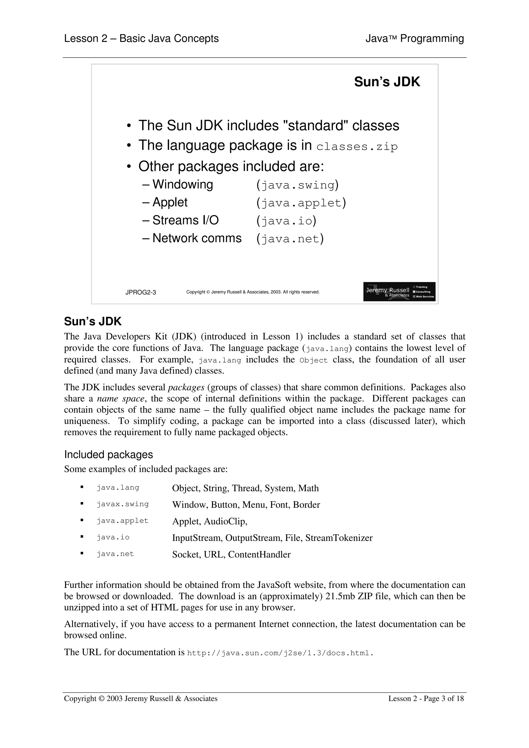 Lesson 2 – Basic Java Concepts                                                                            Java™ Programming



                                                                                                         Sun’s JDK


                 • The Sun JDK includes "standard" classes
                 • The language package is in classes.zip
                 • Other packages included are:
                      – Windowing                                     (java.swing)
                      – Applet                                        (java.applet)
                      – Streams I/O                                   (java.io)
                      – Network comms                                 (java.net)



                 JPROG2-3          Copyright © Jeremy Russell & Associates, 2003. All rights reserved.




Sun’s JDK
The Java Developers Kit (JDK) (introduced in Lesson 1) includes a standard set of classes that
provide the core functions of Java. The language package (java.lang) contains the lowest level of
required classes. For example, java.lang includes the Object class, the foundation of all user
defined (and many Java defined) classes.
The JDK includes several packages (groups of classes) that share common definitions. Packages also
share a name space, the scope of internal definitions within the package. Different packages can
contain objects of the same name – the fully qualified object name includes the package name for
uniqueness. To simplify coding, a package can be imported into a class (discussed later), which
removes the requirement to fully name packaged objects.

Included packages
Some examples of included packages are:
    ƒ    java.lang            Object, String, Thread, System, Math
    ƒ    javax.swing          Window, Button, Menu, Font, Border
    ƒ    java.applet          Applet, AudioClip,
    ƒ    java.io              InputStream, OutputStream, File, StreamTokenizer
    ƒ    java.net             Socket, URL, ContentHandler


Further information should be obtained from the JavaSoft website, from where the documentation can
be browsed or downloaded. The download is an (approximately) 21.5mb ZIP file, which can then be
unzipped into a set of HTML pages for use in any browser.
Alternatively, if you have access to a permanent Internet connection, the latest documentation can be
browsed online.
The URL for documentation is http://java.sun.com/j2se/1.3/docs.html.



Copyright © 2003 Jeremy Russell & Associates                                                                 Lesson 2 - Page 3 of 18
 