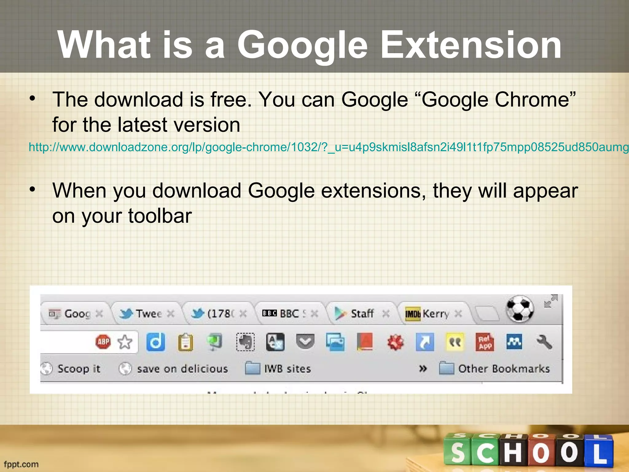 What is a Google Extension
• The download is free. You can Google “Google Chrome”
for the latest version
http://www.downloadzone.org/lp/google-chrome/1032/?_u=u4p9skmisl8afsn2i49l1t1fp75mpp08525ud850aumg
• When you download Google extensions, they will appear
on your toolbar
 
