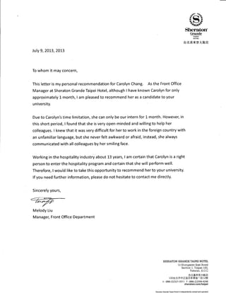 Carolyn Chang Sheraton recommendation letter