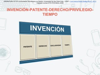 INVENCIÓN-PATENTE-DERECHO/PRIVILEGIO-
TIEMPO
ASIGNATURA: GT-701 La Innovación Tecnológica y su Gestión. Universidad De San...