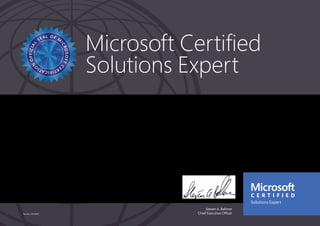 Microsoft Certified 
Solutions Expert 
SULTAN M ALKURNAS 
Has successfully completed the requirements to be recognized as a Microsoft® Certified Solutions 
Expert: Server Infrastructure. 
Steven A. Ballmer 
Date of achievement: 06/15/2013 
Certification number: E313-9106 
Part No. X18-83687 Chief Executive Officer 

