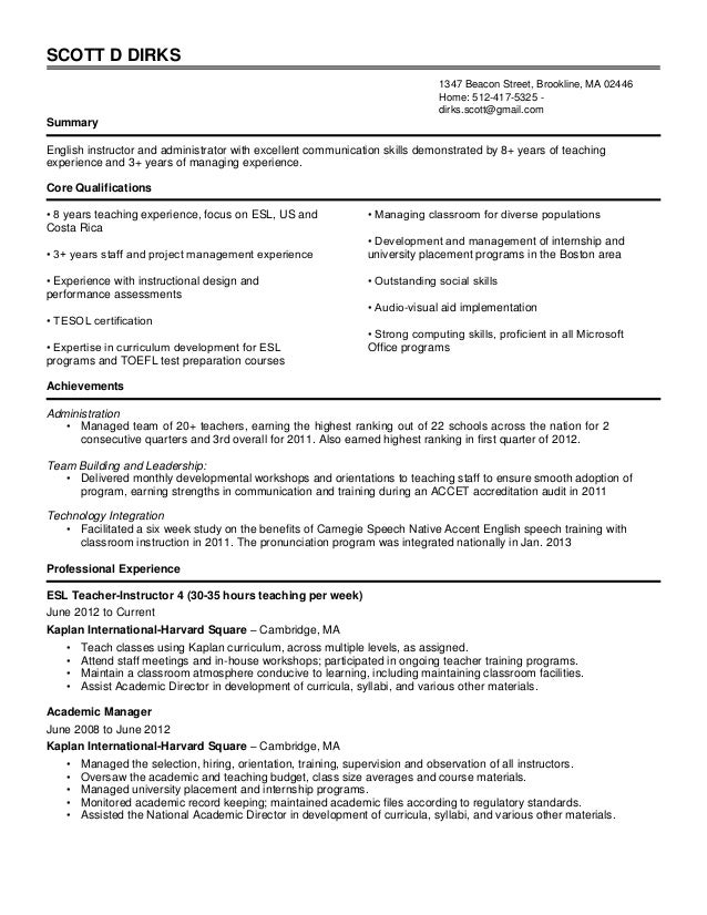 comprehensive resume sample esl application