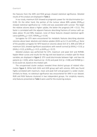 CHAPTER 4
48
the features from the AIRV and RVAI groups showed statistical significance. Detailed
results of this analysis are displayed in Table 2.
In our study, maximum SUV showed no prognostic power for risk discrimination (p =
0.20). On the other hand, the portion of the tumour above 80% uptake (RVRI80%)
showed statistical significance (p = 0.05) and was associated with survival. The larger
the relative volume above a higher uptake, the better the prognosis (HR = 0.11). This
factor is correlated with the adjacent features describing fractions of tumour with up-
takes above 70 and 90%, however, none of these features showed statistical signifi-
cance (p(RVRI70%) = 0.07, P(RVRI90%) = 0.14).
Surrogates for GTV were encountered for metabolic features describing absolute
volumes above lower absolute and relative uptakes (AVAI up to 2.5 and AVRI10%). None
of the possible surrogates for MTV based on volumes above SUV of 3, 40% and 50% of
maximum SUV, showed significant associations with overall survival (p (AVAI3) = 0.10, p
(AVAI4) = 0.22, p (AVRI40%) = 0.15, p (AVRI50%) = 0.17).
Detailed analysis was performed for GTV, maximum and peak SUV and RVRI80.
Kaplan Meier curves and results for the log rank test based on a median split for these
variables are displayed in Figure 2. GTV could discriminate between high- and low-risk
patients (p = 0.05), while maximum (p = 0.25) and peak SUV (p = 0.08) and RVRI80 (p =
0.13) could not, based on this median split.
The unsupervised cluster analysis revealed three distinct groups of related infor-
mation Figure 3. While both AVAI and AVRI group well with volume, AIRV was found
highly correlated with maximum, mean and peak SUV and grouped in a wider cluster.
Similarly to those, no statistical significance was encountered for AIRV in our dataset.
RVRI and RVAI features clustered in two independent groups. For simplicity reasons,
only features presented on Table 1 were used for the clustering analysis.
 