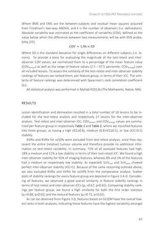STABILITY OF FDG-PET RADIOMICS FEATURES
61
Where BMS and EMS are the between-subjects and residual mean squares acquired
from Friedman’s two-way ANOVA, and k is the number of observers (i.e. delineators).
Absolute variability was estimated as the coefficient of variability (COV), defined as the
value below which the difference between two measurements will be with 95% proba-
bility [25]:
= 1,96 ×
Where SD is the standard deviation for single differences on different subjects (i.e. le-
sions). To provide a basis for evaluating the magnitude of the test-retest and inter-
observer COV values, we normalized them to a percentage of the mean feature value
(COV%mean) as well as the range of feature values (2.5 – 97.5 percentile; COV%range) over
all included lesions. To assess the similarity of the test-retest and inter-observer stability
rankings of features we ranked them, per feature group, in terms of their ICC. The simi-
larity of feature rankings was determined with Spearman’s rank correlation coefficient
(ρS).
All statistical analysis was performed in Matlab R2012b (The Mathworks, Natick, MA).
RESULTS
Lesion identification and delineation resulted in a total number of 18 lesions to be in-
cluded for the test-retest analysis and respectively 27 lesions for the inter-observer
analysis. Test-retest and inter-observer ICC, COV%mean and COV%range values are summa-
rized per feature group in respectively Table 1 and Table 2, where we classified features
into three groups, as having a high (ICC≥0.8), medium (0.8>ICC≥0.5), or low (ICC<0.5)
stability.
AVRIx and RVRIx for x≤50% were excluded from test-retest analysis, since they rep-
resent the entire (relative) tumour volume and therefore provide no additional infor-
mation on test-retest variability. In summary, 71% of all assessed features had high,
18% a medium and 11% a low stability in terms of their test-retest ICC. We found a high
inter-observer stability for 91% of imaging features, whereas 8% and 1% of the features
had a medium or respectively low stability. As expected, SUVmax and SUVpeak showed
perfect inter-observer stability (ICC=1). Because of the same reasoning outlined above,
we also excluded RVRIx and AVRIx for x≤50% from the comparative analysis. Scatter
plots of stability rankings for every feature group are depicted in Figure 3.A-D. Consider-
ing all features, we observed a good overall similarity in feature stability rankings in
terms of test-retest and inter-observer ICCs (ρS =0.67, p<0.01). Comparing stability rank-
ings per feature group, we found a high similarity for both the first order statistics
(ρS=0.88, p<0.01) and the textural features (ρS=0.72, p<0.01).
As can be observed from Figure 3.D, features based on GLSZM have the overall low-
est ranks in both analyses, indicating these features have the highest variability amongst
 
