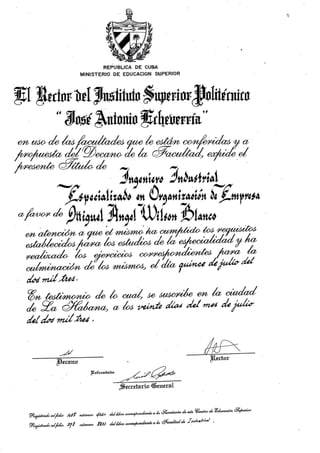 Title certificate in Italy as Industrial Engineer