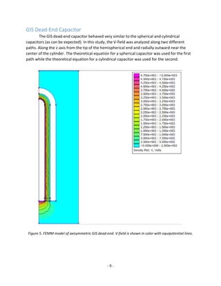 - 9 -
GIS Dead-End Capacitor
The GIS dead-end capacitor behaved very similar to the spherical and cylindrical
capacitors (as can be expected). In this study, the V-field was analyzed along two different
paths. Along the z-axis from the tip of the hemispherical end and radially outward near the
center of the cylinder. The theoretical equation for a spherical capacitor was used for the first
path while the theoretical equation for a cylindrical capacitor was used for the second.
Figure 5. FEMM model of axisymmetric GIS dead-end. V-field is shown in color with equipotential lines.
 