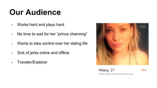 Our Audience
- Works hard and plays hard
- No time to wait for her “prince charming”
- Wants to take control over her dating life
- Sick of jerks online and offline
- Traveler/Explorer
 