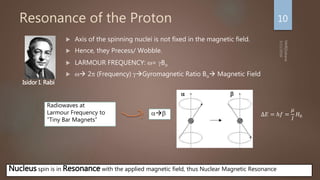 Resonance of the Proton
 Axis of the spinning nuclei is not fixed in the magnetic field.
 Hence, they Precess/ Wobble.
 LARMOUR FREQUENCY: = Bo
  2 (Frequency) Gyromagnetic Ratio Bo Magnetic Field
Isidor I. Rabi
Radiowaves at
Larmour Frequency to
“Tiny Bar Magnets”

 
10
∆𝐸 = ℎ𝑓 =
𝜇
𝐼
𝐻0
Nucleus spin is in Resonance with the applied magnetic field, thus Nuclear Magnetic Resonance
 