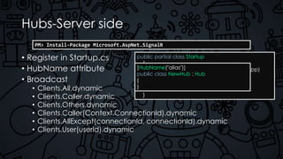 Hubs-Server side
• Register in Startup.cs
• HubName attribute
• Broadcast
• Clients.All.dynamic
• Clients.Caller.dynamic
• Clients.Others.dynamic
• Clients.Caller(Context.ConnectionId).dynamic
• Clients.AllExcept(connectionId, connectionId).dynamic
• Clients.User(userId).dynamic
PM> Install-Package Microsoft.AspNet.SignalR
public partial class Startup
{
public void Configuration(IAppBuilder app)
{
app.MapSignalR();
}
}
[HubName("alias")]
public class NewHub : Hub
{
}
 