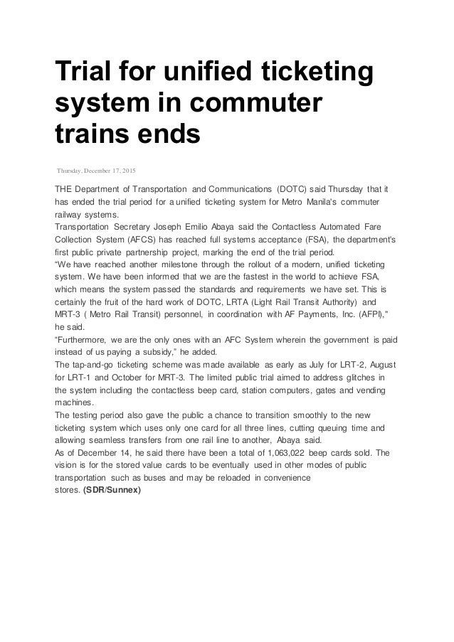 FSA Trial for unified ticketing system in commuter trains ends