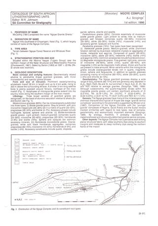 CATALOGUE OF SOUTH AFRICAN
LITHOSTRATIGRAPHIC UNITS
Editor: M.R. Johnson
SA Committee for
[Mokolian] NGOYE COMPLEX
A.J. Scogingsl
1st edition: 1990
1. PROPOSER OF NAME
McGarthy (1961) proposed the name "Ngoye Granite Gneiss."
2. DERIVATION OF NAME
Ngoye Hills southwest of Empangeni, Natal (Fig. 1), which largely
consist of rocks of the Ngoye Complex.
3. TYPE AREA
Terrain between Ngoye Forest Reserve and Mhlatuze River
(Fis. 1).
4. STRATIGRAPHIC POSITION AND AGE
Situated within the Nkomo Nappe flugela Group) near the
northern margin of the Natal Structural and Metamorphic Province
(Charlesworth, 1981), Dated by Barton (1983) at 1067 ! 20 Ma (Rb-
Sr whole+ock isochron).
5, GEOLOGICDESCRIPTION
Basic concept and unifying features: Geochemically related
alkaline to peralkaline A-type granitoid gneisses, with minor
mcnzodioritic and syenitic gneiss phases.
Form and size of intrusion: Prominent easterlytrending
whaleback massif 30 km in length and up to 4 km wide, rising to
300 m above the surrounding terrane. A smaller 3-km-long satellite
body is poorly exposed around Ninians, northeast of the main
massif (Fig. 1), Apophyses of microgranitc gneiss extend into the
country rocks along the southern margin of the main massif.
Lithology: Three broad varieties ol granitoid gneiss are
recognized, on the basis of alumina saturation relative to alkalis (for
distribution see Fig. 1).
Metaluminous gneisses (65%): Can be mineralogically subdivided
into three types: (i) Biotite granite gneiss. Grey to pinkish, with pink
microcline megacrysts (25-36%) set in a matrix of quartz (23-33%),
plagioclase (26-34"A) and biotite (4-77"). Accessory phases include
hastingsite, epidote, sphene and allanite. (ii) Biotite-hornblende
granite gneiss. Light pinkish; medium-grained; comprises quartz
(23-35'6), microcl i ne (30-40%), plag ioclase (20-30%), horn blende
(3-8%) and biotite (<4%). Sphene and opaques are common
accessory minerals. (iii) Hornblende monzodiorite gneiss. Coarse-
grained; white with black hornblende aggregates; comprises
plagioclase (6G-70%), m icrocl ine (1 O-20"t"), horn blende (4-87"), and
calcite (<5%). Accessory constituents include quartz, diopside,
garnet, sphene, allanite and apatite.
Peraluminous gneiss (20%): Consists essentially of muscovite-
biotite granite gnelss: Light pinkish to white; fine- to medium-
grained; well foliated; comprises quartz (30-39%), microcline
(25-35%), albite (25-35%), biotite (<5%), muscovite (<4%), and
accessory garnet, opaques and fluorite.
Peralkaline gneisses (15"6): Two types have been recognized:
(il Riebeckite granite gneiss. Medium-grained; white; prominent
,oliation defined by blue-black riebeckite crystals or aggregates ot
biotite, riebeckite and aegirine. Composed of quartz (30-40"/),
microcline (30%), albite (25-35%), riebeckite (36%), biotite (34olo)
and aegirine (s5%). Common accessories include Iluorite and zircon.
(ii) Magnetite miuogranite gneiss. Fine-grained; light pink; consists
of microcline (45-55%), albite (10%), quartz (35-40%), with
magnetite (<sz) as the diagnostic mafic phase. Zircon and lluorite
are present in trace amounts. Minor variants within the microgranite
gneiss include coarse-grained lenses rich in quartz, magnetite,
zircon, sphene and fergusonite, in addition 10 syenitic gneisses
consisting mainly of microcline (6G-70"/"), albite (20-25"/.), quartz
(<5ol.) and chlorite (5-10"/").
Geochemistry: The Ngoye granitoid gneisses display a wide
range of SiO, contents (65-77y") and are generally very depleted in
Al2O3, MgO, DaO, Ba and Sr, but enriched in Nar0, KrO,Zr,Zn,Nb
and REE relative to average granites (Scogings, 1985; 1986).
Although subeconomic, the quariz-magnetite lenses within the
magnetite granite gneiss unit contain significant amounts of Zr
(0,3-5%), Nb (0,18-1 ,3%), Sn FO,2"/"), Y (0,024,48"/"), Zn
(0,024,23"/"1, U (0,01-{,1%), Th (0,01-{,3%) and REE (0,1-1 ,12"/").
Genesis: The Ngoye gneisses have many of the mineralogical and
chemical characteristics typical of A{ype late stage "granite central
complexes" according to ihe parameters suggested by Whalen ef a/.
(1987). Comparison of the Ngoye Complex with the "younger
granite" complexes of Nigeria, Saudi Arabia and the Sudan reveals
marked similarities with regard to rock types, size ol complex,
geochemistry and economically important elements (Scogings,
1985). By analogy, therefore, it probably represents a
metamorphosed and structurally deformed granite central complex.
Other aspects: The Ngoye Complex has a pervasive east-striking
planar structural fabric, with steep southerly dips along its southern
margins and moderate to steep northerly dips along the northern
flanks of the massif.
Fi1. 1. Distribution of the Ngoye Complex and its constituent rcck types.
12-371
 