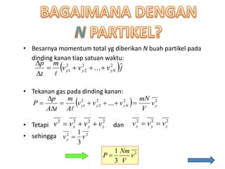 • Besarnya momentum total yg diberikan N buah partikel pada
dinding kanan tiap satuan waktu:
• Tekanan gas pada dinding kanan:
• Tetapi dan
• sehingga
 jvvv
m
t
p
yNyy
ˆ... 22
2
2
1 



  222
2
2
1 ... yyNyy v
V
mN
vvv
A
m
tA
p
P 




2222
zyx vvvv  222
zyx vvv 
22
3
1
vvy 
2
3
1
v
V
Nm
P 
 