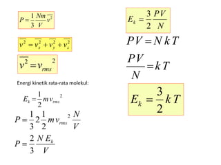 2
3
1
v
V
Nm
P 
22
rmsvv 
2222
zyx vvvv 
Energi kinetik rata-rata molekul:
2
2
1
rmsk vmE 
V
N
vmP rms
2
2
1
2
3
1

V
EN
P k
3
2

N
VP
Ek
2
3

Tk
N
VP
TkNVP


TkEk
2
3

 