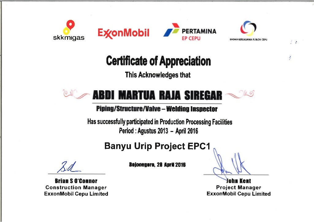 Certificate of Appreciation ExxonMobil