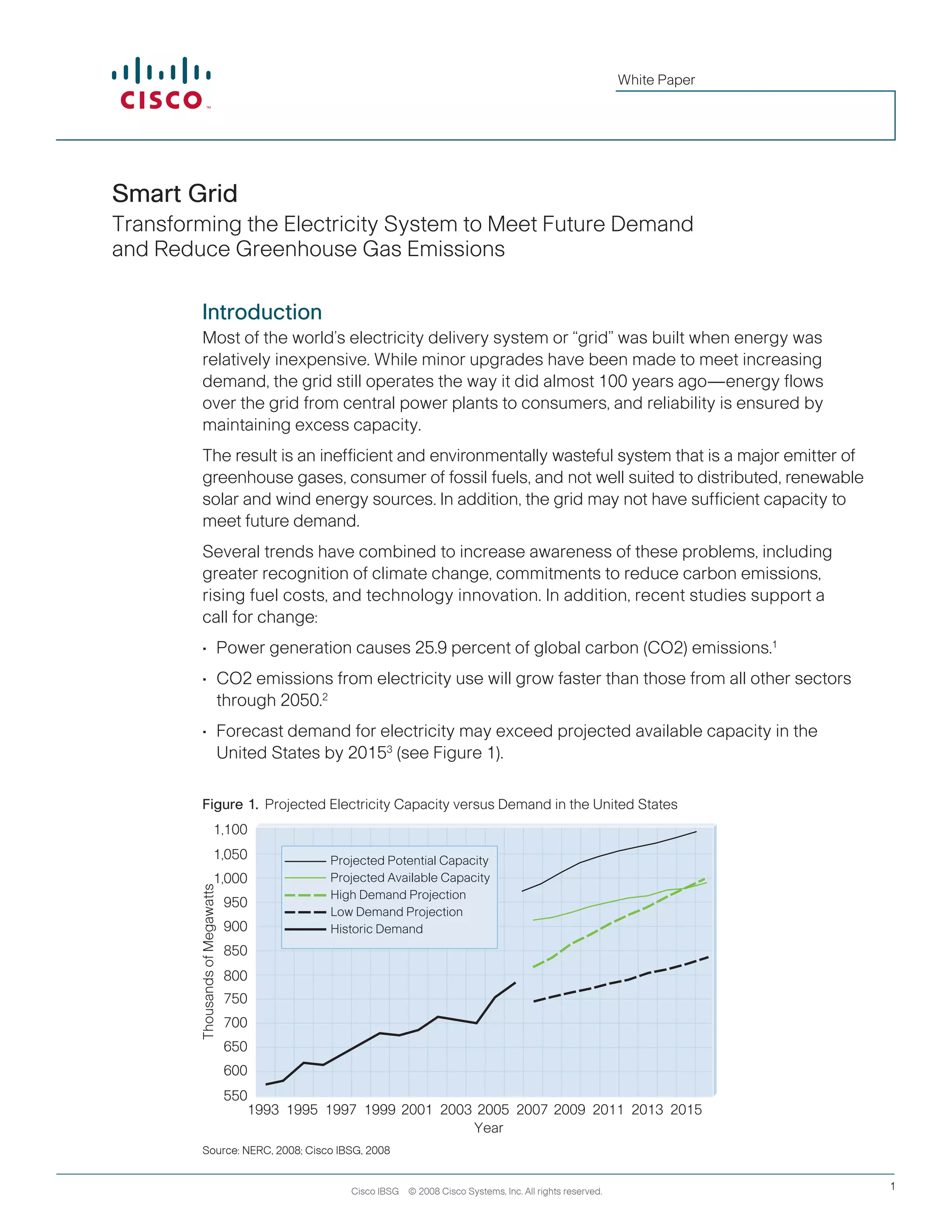 Introduction
Most of the world’s electricity delivery system or “grid” was built when energy was
relatively inexpensive. While minor upgrades have been made to meet increasing
demand, the grid still operates the way it did almost 100 years ago—energy flows
over the grid from central power plants to consumers, and reliability is ensured by
maintaining excess capacity.
The result is an inefficient and environmentally wasteful system that is a major emitter of
greenhouse gases, consumer of fossil fuels, and not well suited to distributed, renewable
solar and wind energy sources. In addition, the grid may not have sufficient capacity to
meet future demand.
Several trends have combined to increase awareness of these problems, including
greater recognition of climate change, commitments to reduce carbon emissions,
rising fuel costs, and technology innovation. In addition, recent studies support a
call for change:
•	 Power generation causes 25.9 percent of global carbon (CO2) emissions.1
•	 CO2 emissions from electricity use will grow faster than those from all other sectors
through 2050.2
•	 Forecast demand for electricity may exceed projected available capacity in the
United States by 20153
(see Figure 1).
Figure 1. Projected Electricity Capacity versus Demand in the United States
Source: NERC, 2008; Cisco IBSG, 2008
White Paper
Cisco IBSG © 2008 Cisco Systems, Inc. All rights reserved. 1
1993 1995 1997 1999 2001 2003 2005
Year
2007 2009 2011 2013 2015
1,100
1,050
1,000
950
900
850
800
ThousandsofMegawatts
750
700
650
600
550
Projected Potential Capacity
Projected Available Capacity
High Demand Projection
Low Demand Projection
Historic Demand
Smart Grid
Transforming the Electricity System to Meet Future Demand
and Reduce Greenhouse Gas Emissions
 