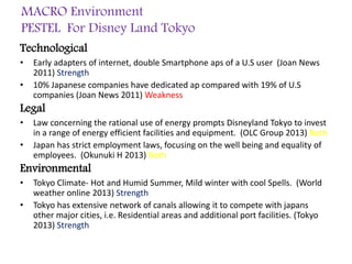 MACRO Environment
PESTEL For Disney Land Tokyo
Technological
• Early adapters of internet, double Smartphone aps of a U.S user (Joan News
2011) Strength
• 10% Japanese companies have dedicated ap compared with 19% of U.S
companies (Joan News 2011) Weakness
Legal
• Law concerning the rational use of energy prompts Disneyland Tokyo to invest
in a range of energy efficient facilities and equipment. (OLC Group 2013) Both
• Japan has strict employment laws, focusing on the well being and equality of
employees. (Okunuki H 2013) Both
Environmental
• Tokyo Climate- Hot and Humid Summer, Mild winter with cool Spells. (World
weather online 2013) Strength
• Tokyo has extensive network of canals allowing it to compete with japans
other major cities, i.e. Residential areas and additional port facilities. (Tokyo
2013) Strength
 