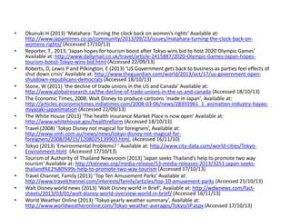 • Okunuki H (2013) ‘Matahara: Turning the clock back on women’s rights’ Available at:
http://www.japantimes.co.jp/community/2013/09/23/issues/matahara-turning-the-clock-back-on-
womens-rights/ (Accessed 17/10/13)
• Reporter, T., 2013, ‘Japan hopes for tourism boost after Tokyo wins bid to host 2020 Olympic Games’
Available at: http://www.dailymail.co.uk/travel/article-2415887/2020-Olympic-Games-Japan-hopes-
tourism-boost-Tokyo-wins-bid.html (Accessed 22/09/13)
• Roberts, D, Lewis P and Pilkington, E (2013) ‘US Government gets back to business as parties feel effects of
shut down crisis’ Available at: http://www.theguardian.com/world/2013/oct/17/us-government-open-
shutdown-republicans-democrats (Accessed 18/10/13)
• Stone, W (2011) ‘the decline of trade unions in the US and Canada’ Available at:
http://www.globalresearch.ca/the-decline-of-trade-unions-in-the-us-and-canada (Accessed 18/10/13)
• The Economic Times, 2008, Walt Disney to produce cartoons 'made in Japan', Available at:
http://articles.economictimes.indiatimes.com/2008-03-06/news/28393961_1_animation-industry-hayao-
miyazaki-japanimation (Accessed 22/09/13)
• The White House (2013) ‘The health insurance Market Place is now open’ Available at:
http://www.whitehouse.gov/healthreform (Accessed 18/10/13)
• Travel (2008) ‘Tokyo Disney not magical for foreigners’, Available at:
http://www.smh.com.au/news/news/tokyo-disney-not-magical-for-
foreigners/2008/04/15/1208025139903.html, (Accessed 16/11/10)
• Tokyo (2013) ‘Environmental Problems? ’ Available at: http://www.city-data.com/world-cities/Tokyo-
Environment.html (Accessed 17/10/13)
• Tourism of Authority of Thailand Newsroom (2013) ‘Japan seeks Thailand’s help to promote two way
tourism’ Available at: http://tatnews.org/media-release/53-media-releases-2013/3251-japan-seeks-
thailand%E2%80%99s-help-to-promote-two-way-tourism (Accessed 17/10/13)
• Travel Channel, Family (2013) ‘Top Ten Amusement Parks’ Available at:
http://www.travelchannel.com/interests/family/articles/top-10-amusement-parks (Accessed 25/10/13)
• Walt Disney world news (2013) ‘Walt Disney world in Brief’, Available at: http://wdwnews.com/fact-
sheets/2013/03/01/walt-disney-world-overview-world-in-brief/ (Accessed 16/11/13)
• World Weather Online (2013) ‘Tokyo yearly weather summary’, Available at:
http://www.worldweatheronline.com/Tokyo-weather-averages/Tokyo/JP.aspx (Accessed 17/10/13)
 