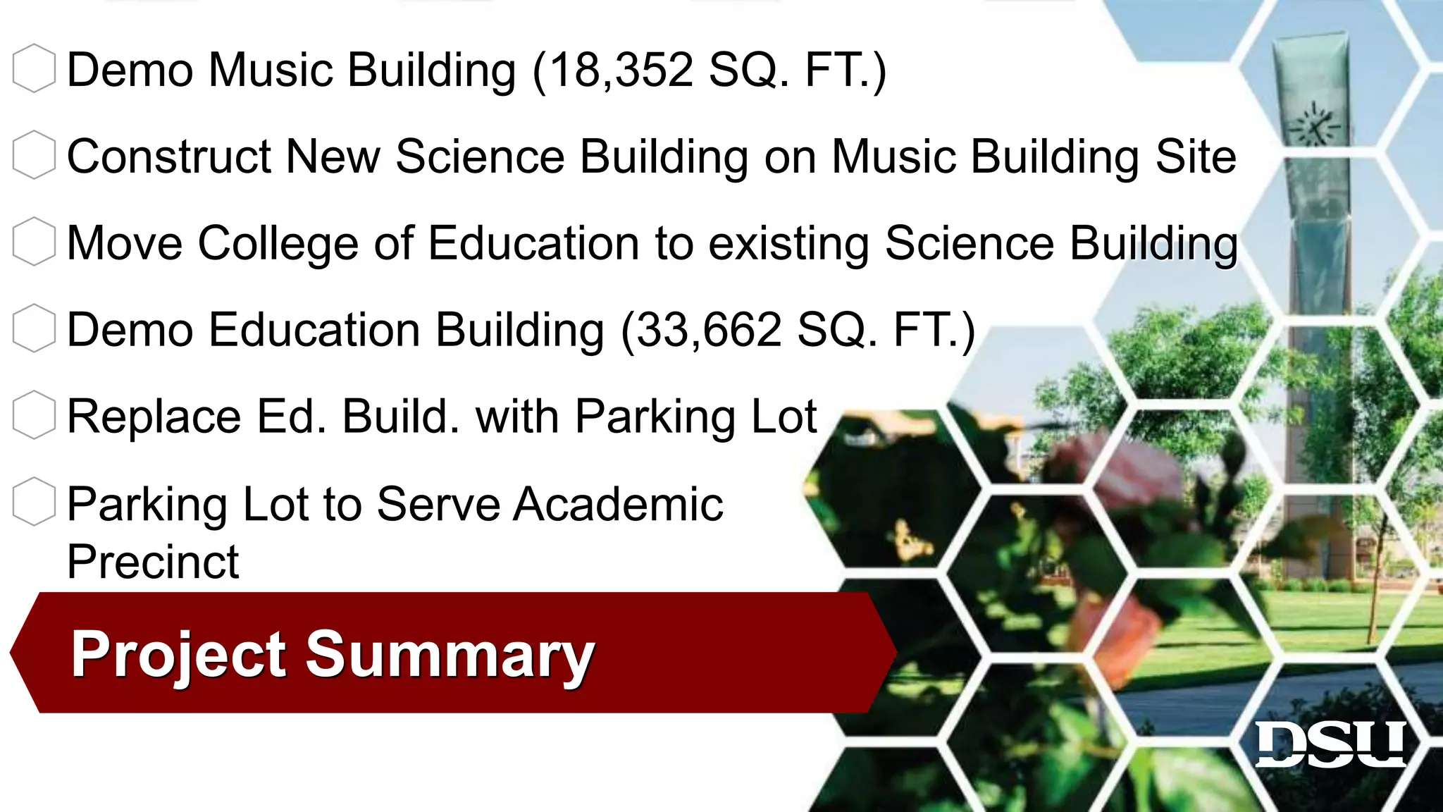 Project Summary
Demo Music Building (18,352 SQ. FT.)
Construct New Science Building on Music Building Site
Move College of Education to existing Science Building
Demo Education Building (33,662 SQ. FT.)
Replace Ed. Build. with Parking Lot
Parking Lot to Serve Academic
Precinct
