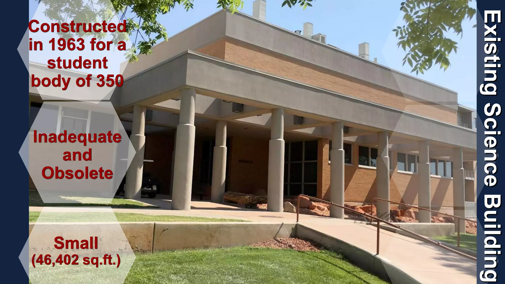 Constructed
in 1963 for a
student
body of 350
Small
(46,402 sq.ft.)
Inadequate
and
Obsolete
ExistingScienceBuilding