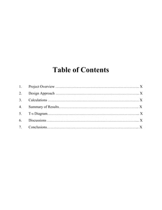 Table of Contents
1. Project Overview ………………………………………………………….. X
2. Design Approach ………………………………………………………….. X
3. Calculations …………………………………………………………….…. X
4. Summary of Results……………………………………………………….. X
5. T-s Diagram………………………………………………………………... X
6. Discussions ………………………………………………………………... X
7. Conclusions………………………………………………………………... X
 