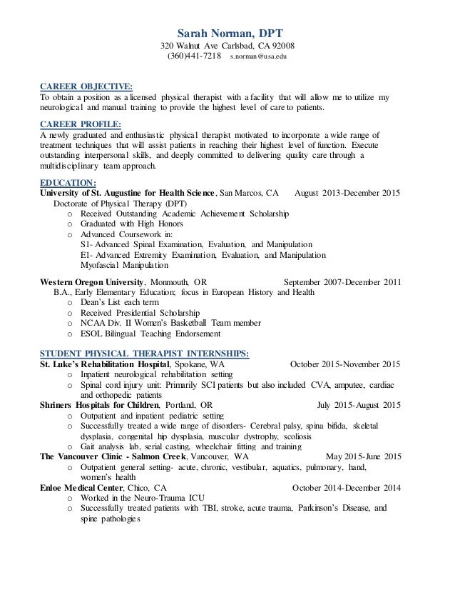 norman dpt resume 2015 physical therapist recommendation letter