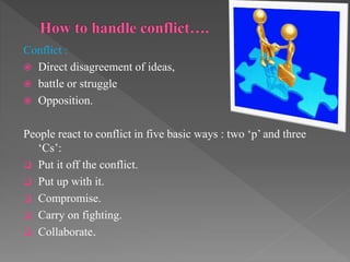 Conflict :
 Direct disagreement of ideas,
 battle or struggle
 Opposition.
People react to conflict in five basic ways : two ‘p’ and three
‘Cs’:
 Put it off the conflict.
 Put up with it.
 Compromise.
 Carry on fighting.
 Collaborate.
 