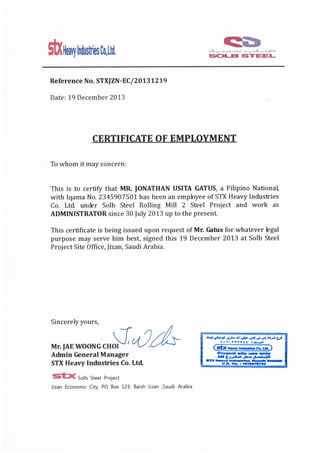 Certificate of Employment- Jonathan U. Gatus