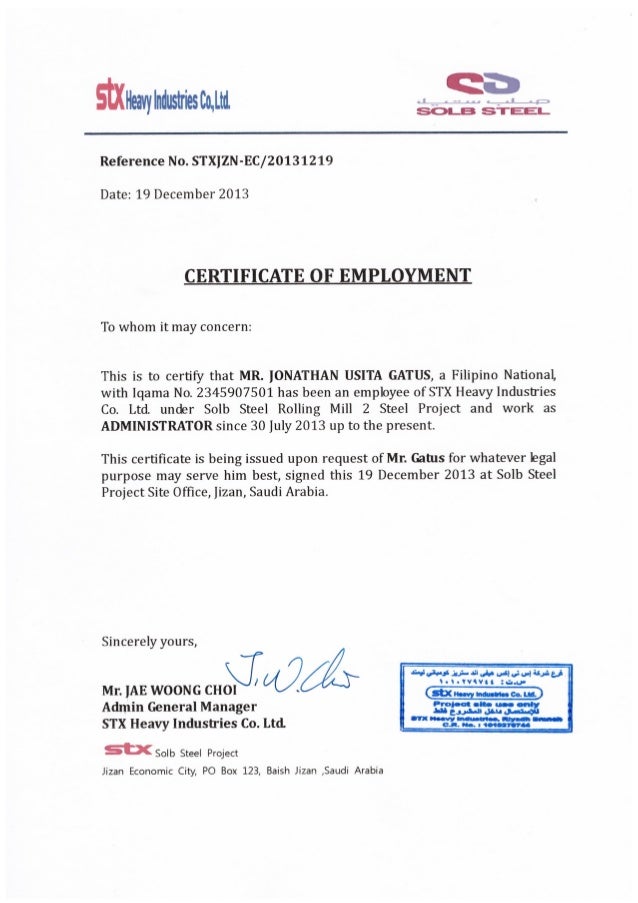 Certificate of Employment- Jonathan U. Gatus