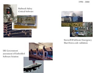 1990 - 2000
Railtrack Safety
Critical Software
Sizewell B Software Emergency
Shut Down code validation
UK Government
assessment of Embedded
SoftwareAviation
 