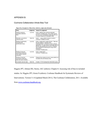 APPENDIX B: 
Cochrane Collaboration Article Bias Tool
Higgins JPT, Altman DG, Sterne, JAC (editors). Chapter 8: Assessing risk of bias in included 
studies. In: Higgins JPT, Green S (editors). Cochrane Handbook for Systematic Reviews of 
Interventions. Version 5.1.0 [updated March 2011]. The Cochrane Collaboration, 2011. Available 
from www.cochrane­handbook.org 
 