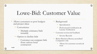 Lowe-Bid: Customer Value
• Allows customers to post budgets
and project ideas
• Convenience
• Multiple estimates/bids
instantly
• Option to decline bids
• Customer can compare bids
from various local
contractors
• Background
• Specialization
• Professional Certification &
License Verification
• Customer reviews & Feedback
• Service Records
• Better Business Bureau accredited
Companies only
• Allows for customer security &
trust
 
