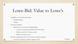 Lowe-Bid: Value to Lowe’s
• Capitalize on current technology
• Mobile Phones
• Tablets
• Inventory Impact
• Reduction of Inventory Holding Days
• Current average from 2005-2014: 89.93 days
• Better control of in house stock
• Reduce inventory cost
• Further expand presence in Contractor market segment
• Current Contractor market segment: 30%
 