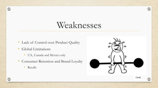 Weaknesses
• Lack of Control over Product Quality
• Global Limitations
• U.S., Canada and Mexico only
• Consumer Retention and Brand Loyalty
• Recalls
 