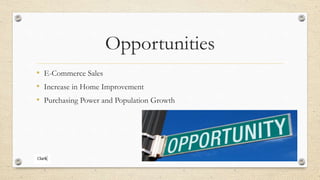 Opportunities
• E-Commerce Sales
• Increase in Home Improvement
• Purchasing Power and Population Growth
 