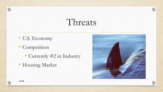 Threats
• U.S. Economy
• Competition
• Currently #2 in Industry
• Housing Market
 