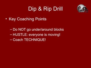 Dip & Rip Drill
• Key Coaching Points
– Do NOT go under/around blocks
– HUSTLE: everyone is moving!
– Coach TECHNIQUE!
 
