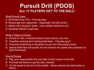 Pursuit Drill (PDOS)
ALL 11 PLAYERS GET TO THE BALL!
What Pursuit Does:
A. Eliminates long TD's - (The big play).
B. Discourage your opponents - (especially, the ball carrier)
C. Makes US a physical, faster, more athletic defensive unit.
D. Develops Mental Toughness
What it Takes to Pursue:
A. Pursuit is, first, a mental process (if you want to, you can)
B. Visualize pursuing and making great plays. ("big play guy")
C. Physical conditioning is necessary so you can have great pursuit.
D. Speed (think fast and quickly we can improve our speed and quickness by
good technique)
How to Pursue:
A. Play your responsibility first and take correct course to the ball.
B. Promote the Desire to get the ball. (mental)
C. Go full speed to the end of the whistle. (Never assume the ball carrier is
down).
 