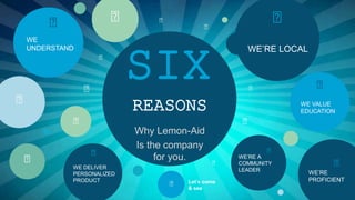 SIX
Why Lemon-Aid
Is the company
for you.
REASONS
WE’RE LOCAL
WE VALUE
EDUCATION
WE’RE
PROFICIENT
WE’RE A
COMMUNITY
LEADERWE DELIVER
PERSONALIZED
PRODUCT
WE
UNDERSTAND
Let’s come
& see
 
