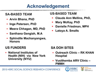 Acknowledgement
SA-BASED TEAM
 Arvin Bhana, PhD
 Inge Petersen, PhD
 Meera Chhagan, MD, PhD
 Santhana Gengiah, M.A
 Sphindile Machanyangwa,
Honors
US-BASED TEAM
 Claude Ann Mellins, PhD,
 Mary McKay, PhD
 Danielle Friedman, MPH
 Latoya A. Smalls
US FUNDERS
 National Institutes of
Health (NIH) via New York
University (NYU)
SA DOH SITES
 Outreach Clinic – RK KHAN
Hospital
 Vusithemba ARV Clinic –
PMMH
 