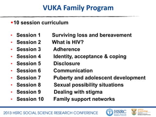 VUKA Family Program
10 session curriculum
• Session 1 Surviving loss and bereavement
• Session 2 What is HIV?
• Session 3 Adherence
• Session 4 Identity, acceptance & coping
• Session 5 Disclosure
• Session 6 Communication
• Session 7 Puberty and adolescent development
• Session 8 Sexual possibility situations
• Session 9 Dealing with stigma
• Session 10 Family support networks
 
