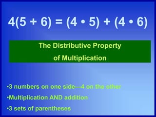 4(5 + 6) = (4 • 5) + (4 • 6)
The Distributive Property
of Multiplication
•3 numbers on one side—4 on the other
•Multiplication AND addition
•3 sets of parentheses
 