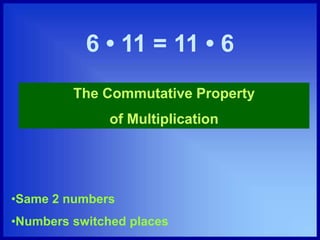 6 • 11 = 11 • 6
The Commutative Property
of Multiplication
•Same 2 numbers
•Numbers switched places
 