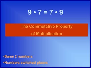 9 • 7 = 7 • 9
The Commutative Property
of Multiplication
•Same 2 numbers
•Numbers switched places
 