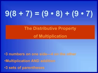 9(8 + 7) = (9 • 8) + (9 • 7)
The Distributive Property
of Multiplication
•3 numbers on one side—4 on the other
•Multiplication AND addition
•3 sets of parentheses
 