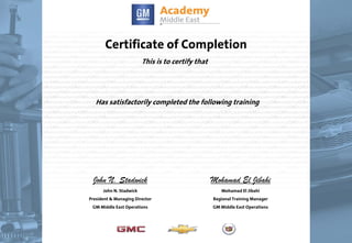 Certificate of Completion
This is to certify that
Has satisfactorily completed the following training
John N. Stadwick
John N. Stadwick
President & Managing Director
GM Middle East Operations
Mohamad El Jibahi
Mohamad El Jibahi
Regional Training Manager
GM Middle East Operations
18/05/2013
Ali Al Najrani
A1096.08ME
Internet Selling Skills
 